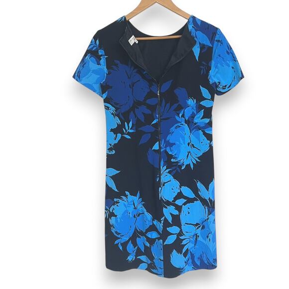 Trina Turk Natasha Black & Blue Floral Short Sleeve Sheath Dress Size 6 Career - Picture 7 of 10